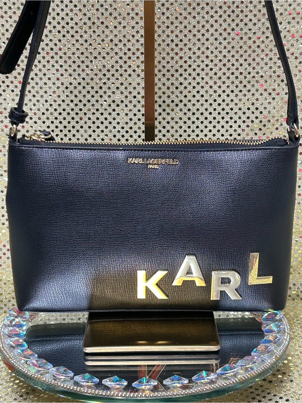 Karl Lagerfeld Black Crossbody Bag w/Gold & Silver Logo Accents Approx. 11x6.5x2